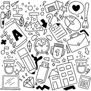 Okul simgelerinin el çizimi seti arka plan desen vektörü illüstrasyonuName