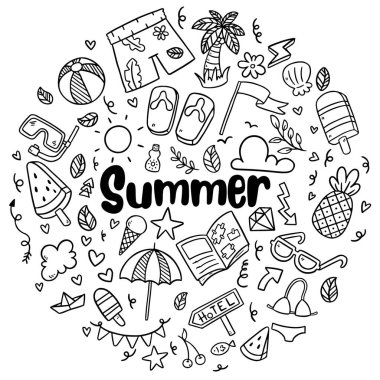 El çizimi yaz plajı karalaması izole vektör sembolleri ve nesneler Kara tahta üzerine Simge.