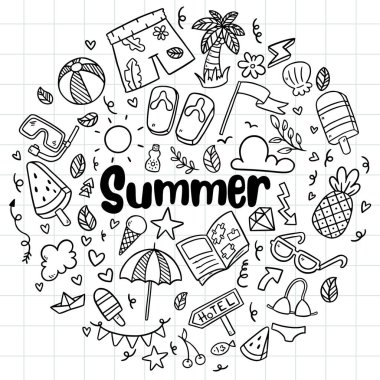 El çizimi yaz plajı karalaması izole vektör sembolleri ve nesneler Kara tahta üzerine Simge.