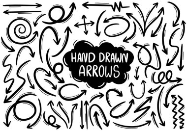 El çizimi karalama tasarımı elementleri. El çizimi oklar, çerçeveler, sınırlar, simgeler ve semboller. Çizgi film biçimi bilgisel elementleri.