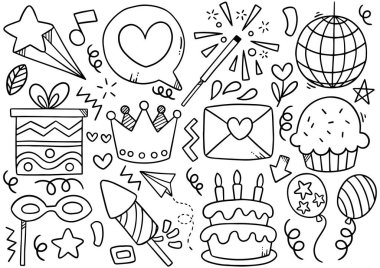 El çizimi parti karalaması Mutlu yıllar süslemeler arka plan desen vektör illüstrasyonu