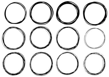 Elle çizilmiş daire çizgileri. Çizik dairesel logo tasarımı beyaz arkaplan soyut izole ögeler.