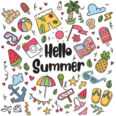 El çizimi yaz plajı karalaması izole vektör sembolleri ve nesneler Kara tahta üzerine Simge.