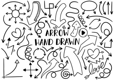 El çizimi karalama tasarımı elementleri. El çizimi oklar, çerçeveler, sınırlar, simgeler ve semboller. Çizgi film biçimi bilgisel elementleri.