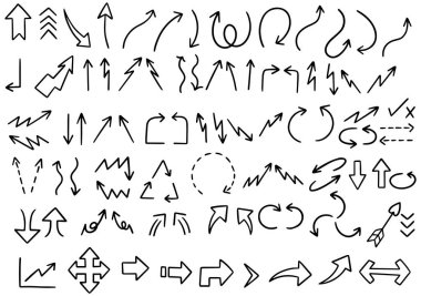 El çizimi karalama tasarımı elementleri. El çizimi oklar, çerçeveler, sınırlar, simgeler ve semboller. Çizgi film stili bilgi elemanları. beyaz arkaplan.