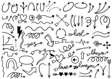 El çizimi karalama tasarımı elementleri. El çizimi oklar, çerçeveler, sınırlar, simgeler ve semboller. Çizgi film stili bilgi elemanları. beyaz arkaplan.