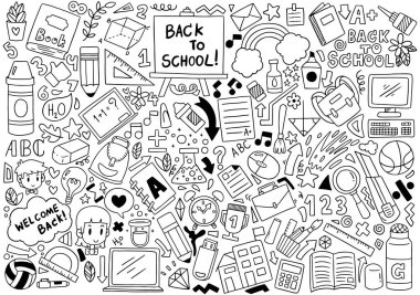 Okul simgelerinin el çizimi seti arka plan desen vektörü illüstrasyonuName