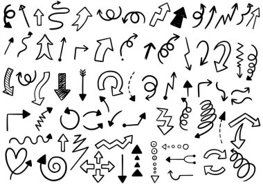 El çizimi karalama tasarımı elementleri. El çizimi oklar, çerçeveler, sınırlar, simgeler ve semboller. Çizgi film stili bilgi elemanları. beyaz arkaplan.