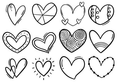 Beyaz arkaplana izole edilmiş el çizimi karalama kalpleri koleksiyonu