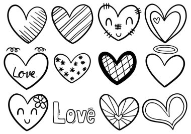 Beyaz arkaplana izole edilmiş el çizimi karalama kalpleri koleksiyonu