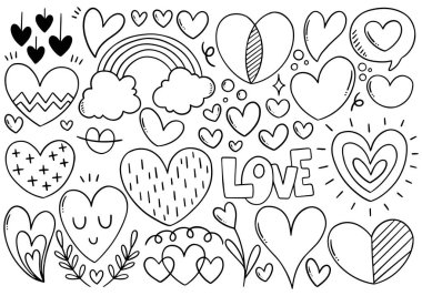 Beyaz arkaplana izole edilmiş el çizimi karalama kalpleri koleksiyonu