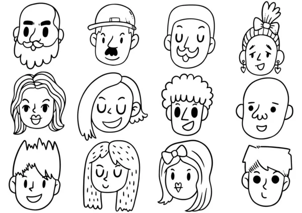 Dibujado Mano Doodle Lindo Divertido Avatares Emoticono Dibujos Animados Conjunto — Vector de stock