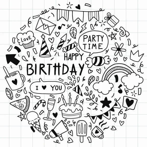 Illustration Vectorielle Joyeux Anniversaire Ornements Dessiné Main Libre Fond Doodle — Image vectorielle