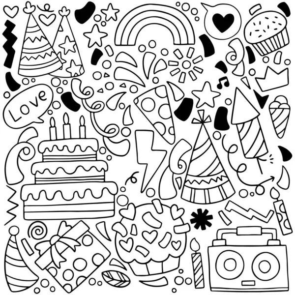 Partito Disegnato Mano Doodle Felice Compleanno Ornamenti Sfondo Modello Vettoriale — Vettoriale Stock