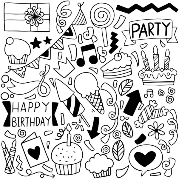 Partito Disegnato Mano Doodle Felice Compleanno Ornamenti Sfondo Modello Vettoriale — Vettoriale Stock