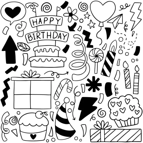 Hand Drawn Party Doodle Happy Birthday Ornaments Background Pattern Vector — Stock Vector