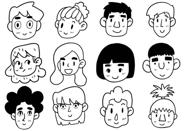Dibujado Mano Doodle Lindo Divertido Avatares Emoticono Dibujos Animados Conjunto — Archivo Imágenes Vectoriales