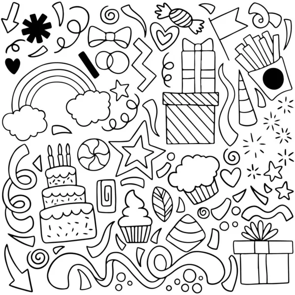 Dessin Main Partie Doodle Joyeux Anniversaire Ornements Fond Modèle Illustration — Image vectorielle