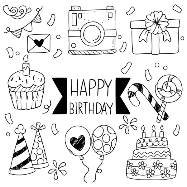 Mão Desenhada Festa Doodle Feliz Aniversário Ornamentos Fundo Padrão Vector —  Vetores de Stock