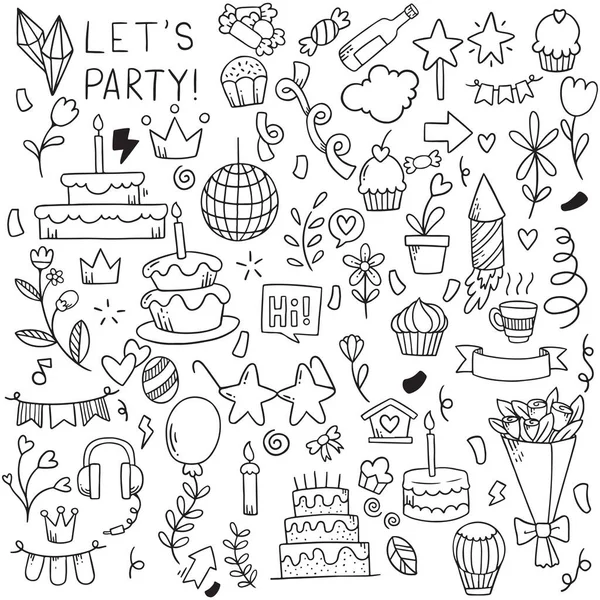 Mão Desenhada Festa Doodle Feliz Aniversário Ornamentos Fundo Padrão Vector —  Vetores de Stock