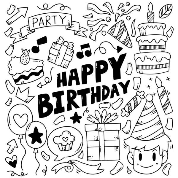 Dessin Main Partie Doodle Joyeux Anniversaire Ornements Fond Modèle Illustration — Image vectorielle