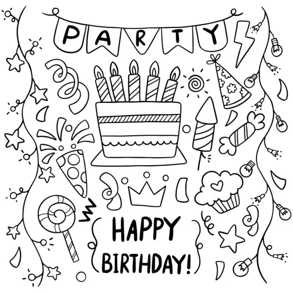 Partito Disegnato Mano Doodle Felice Compleanno Ornamenti Sfondo Modello Vettoriale — Vettoriale Stock