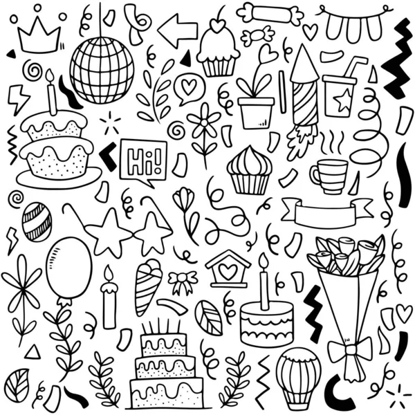 Mão Desenhada Festa Doodle Feliz Aniversário Ornamentos Fundo Padrão Vector —  Vetores de Stock