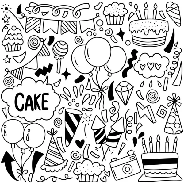 Hand Drawn Party Doodle Happy Birthday Ornaments Background Pattern Vector — Stock Vector