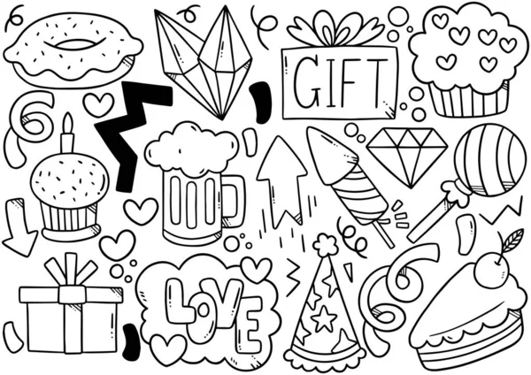 Mão Desenhada Festa Doodle Feliz Aniversário Ornamentos Fundo Padrão Vector —  Vetores de Stock