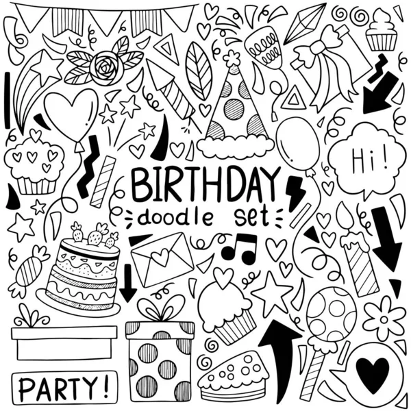 Partito Disegnato Mano Doodle Felice Compleanno Ornamenti Sfondo Modello Vettoriale — Vettoriale Stock