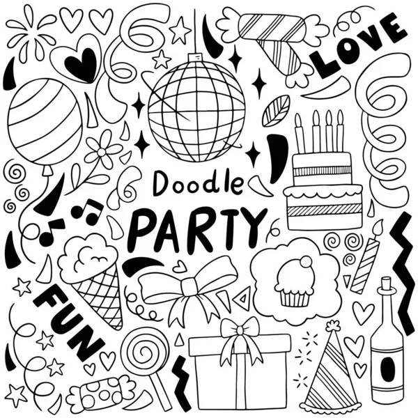 Dessin Main Partie Doodle Joyeux Anniversaire Ornements Fond Modèle Illustration — Image vectorielle