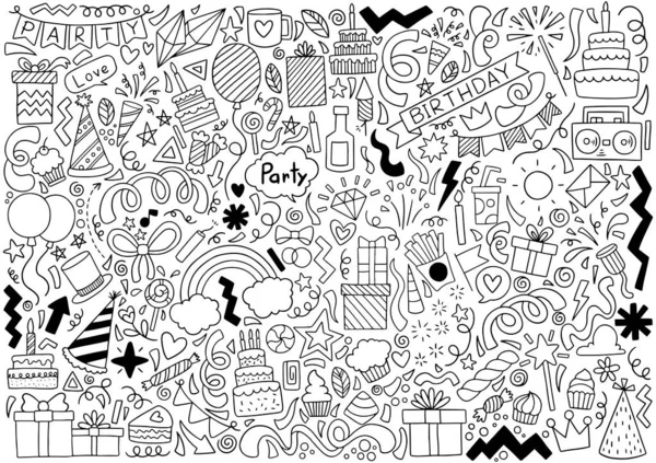 Mão Desenhada Festa Doodle Feliz Aniversário Ornamentos Fundo Padrão Vector —  Vetores de Stock