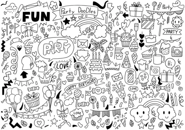 Dessin Main Partie Doodle Joyeux Anniversaire Ornements Fond Modèle Illustration — Image vectorielle