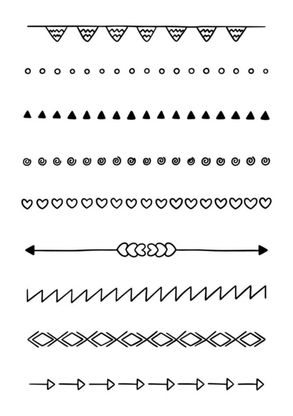 Línea Doodle Dibujada Mano Divisores Fronteras Conjunto Elementos Diseño — Vector de stock