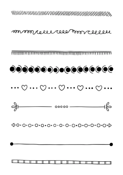 Línea Doodle Dibujada Mano Divisores Fronteras Conjunto Elementos Diseño — Vector de stock