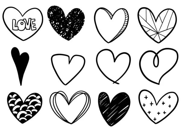 Collection Set Hand Drawn Scribble Hearts Isolated White Background — Stock Vector