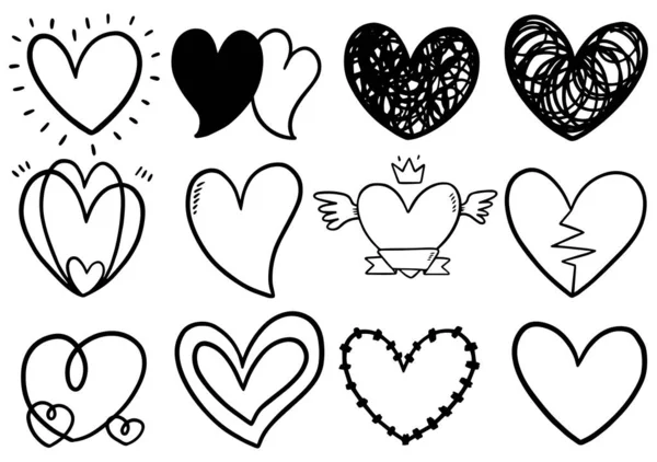 Colección Conjunto Corazones Garabatos Dibujados Mano Aislados Sobre Fondo Blanco — Vector de stock