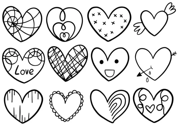 Collection Set Hand Drawn Scribble Hearts Isolated White Background — Stock Vector