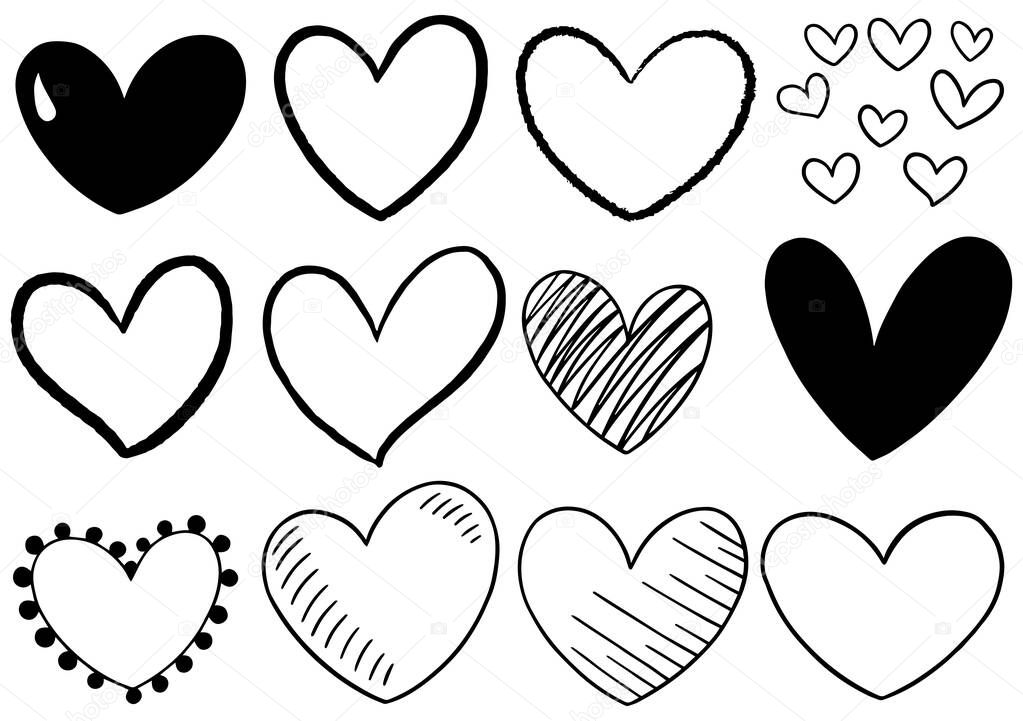 collection set of hand drawn scribble hearts isolated on white background