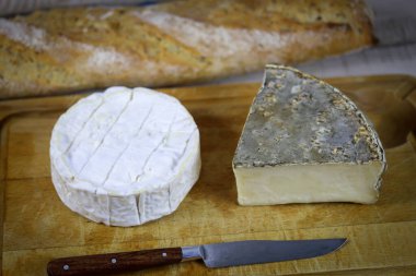 Kaykay ve baget üzerinde Camembert ve Tomme de Savoie (Fransız peyniri)