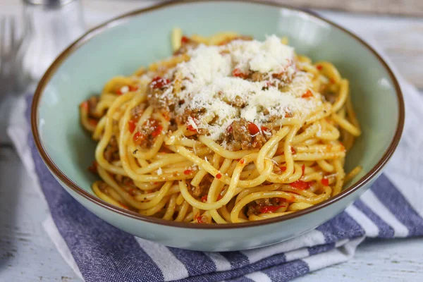 Plato Espaguetis Con Carne Res Pimienta —  Fotos de Stock