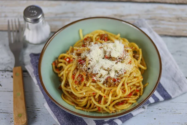 Plato Espaguetis Con Carne Res Pimienta —  Fotos de Stock