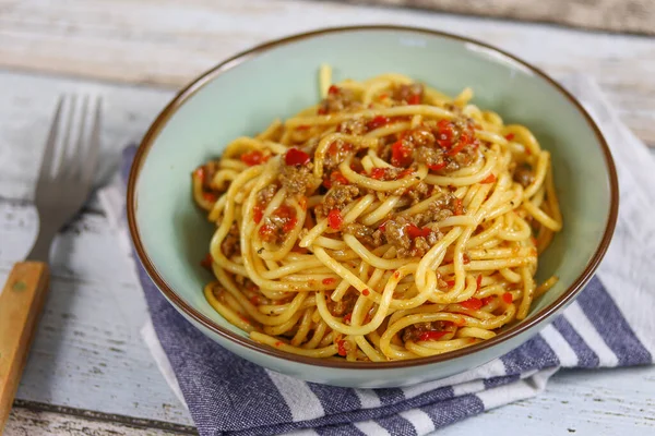 Plato Espaguetis Con Carne Res Pimienta —  Fotos de Stock