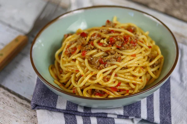 Plato Espaguetis Con Carne Res Pimienta —  Fotos de Stock