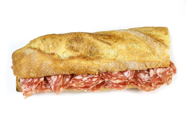 Dry sausage sandwich on a white background — Stock Image Dry Sausage Sandwich White Background Stock Image