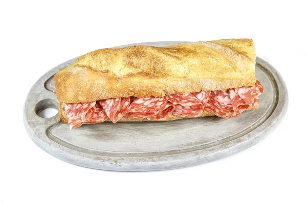 Dry sausage sandwich on a white background — Stock Image Dry Sausage Sandwich White Background Stock Image