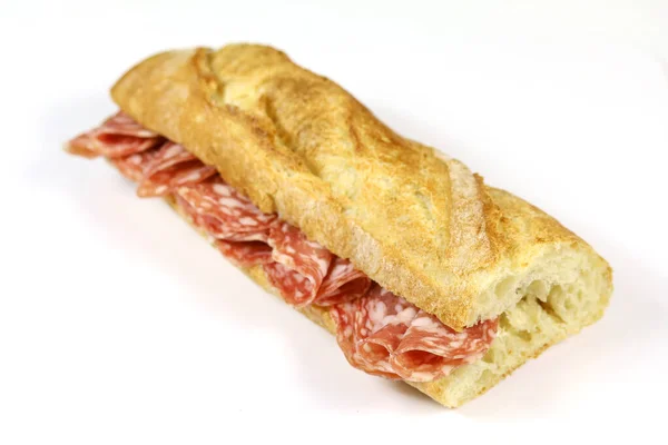 Dry sausage sandwich on a white background — Stock Image Dry Sausage Sandwich White Background Royalty Free Stock Photos