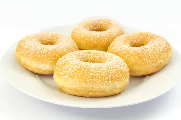 Vários Donuts Açúcar Uma Chapa — Fotografia de Stock