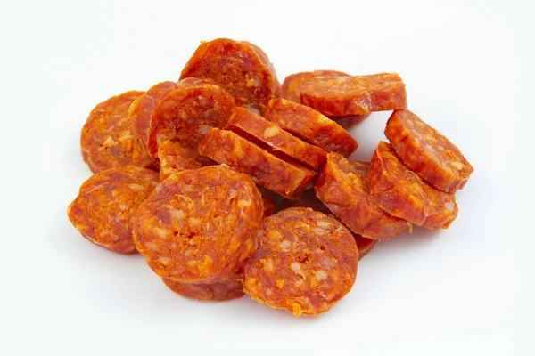 Chorizo Pieces White Background — Stock Photo, Image