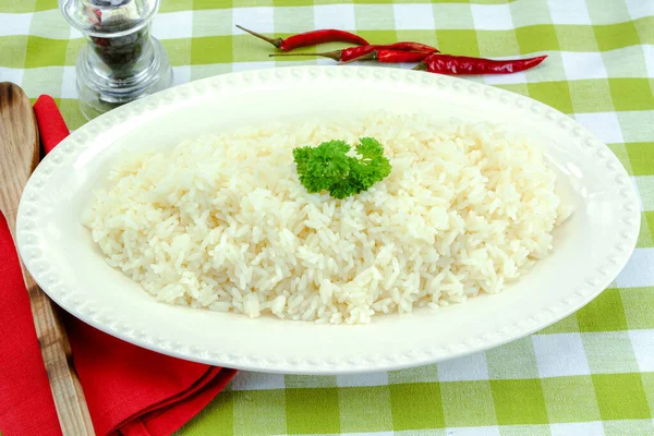 dish of cooked white rice on a table